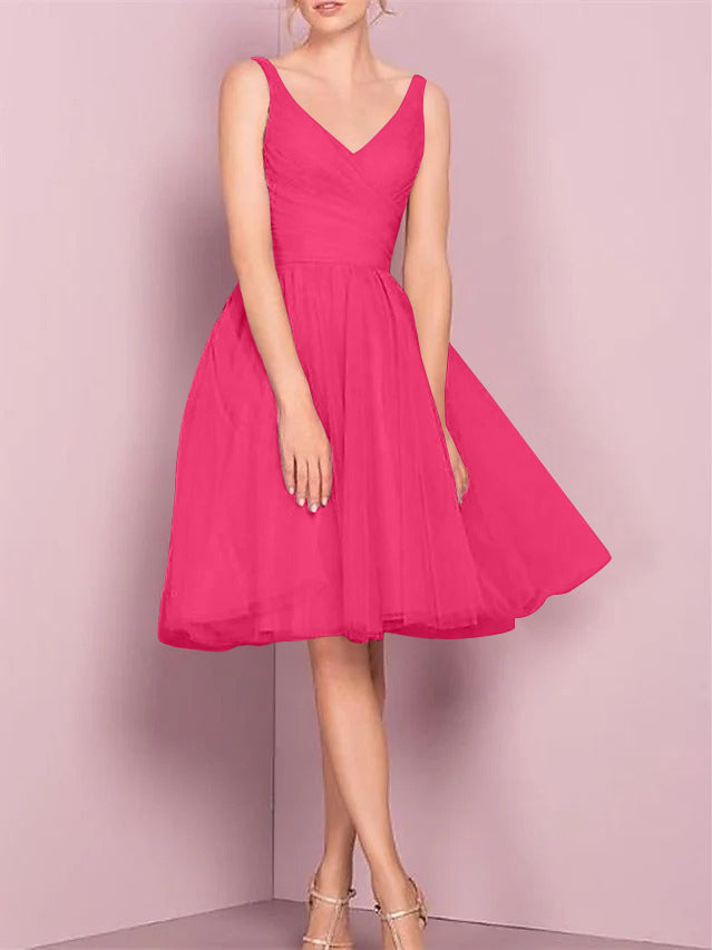 A-Line/Princess V Neck Sleeveless Tea-Length Cocktail Dresses with Pleats