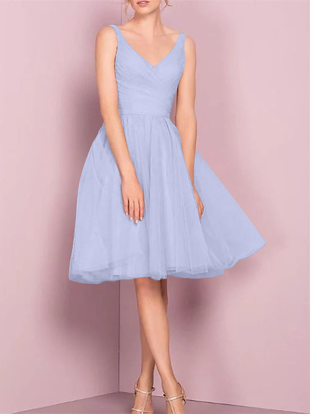 A-Line/Princess V Neck Sleeveless Tea-Length Cocktail Dresses with Pleats