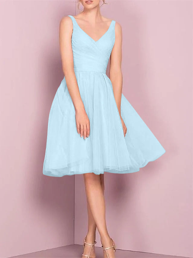 A-Line/Princess V Neck Sleeveless Tea-Length Cocktail Dresses with Pleats