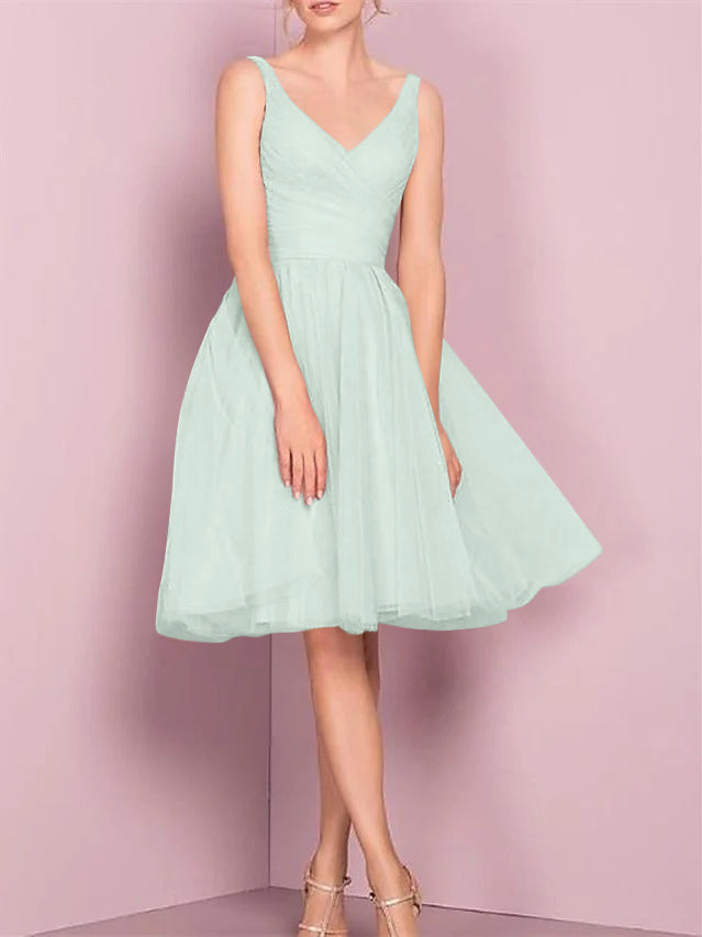 A-Line/Princess V Neck Sleeveless Tea-Length Cocktail Dresses with Pleats