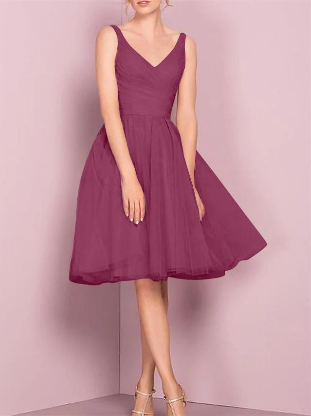A-Line/Princess V Neck Sleeveless Tea-Length Cocktail Dresses with Pleats