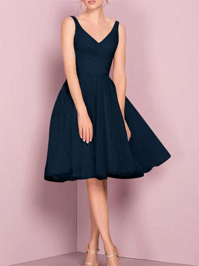 A-Line/Princess V Neck Sleeveless Tea-Length Cocktail Dresses with Pleats