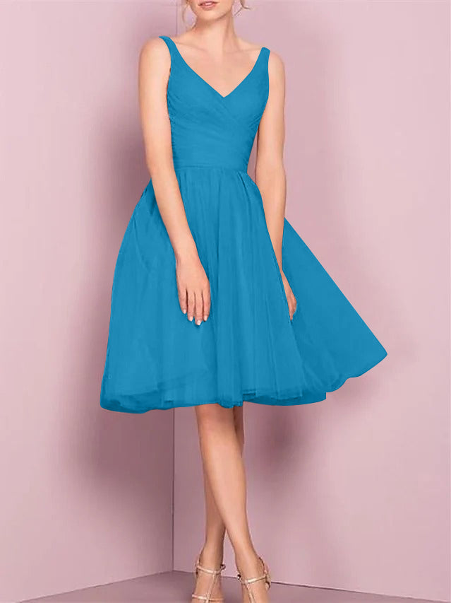 A-Line/Princess V Neck Sleeveless Tea-Length Cocktail Dresses with Pleats