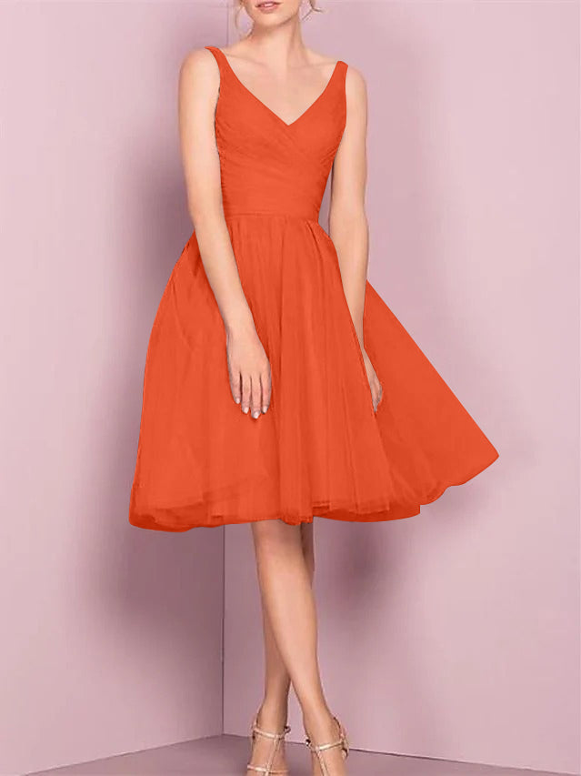 A-Line/Princess V Neck Sleeveless Tea-Length Cocktail Dresses with Pleats