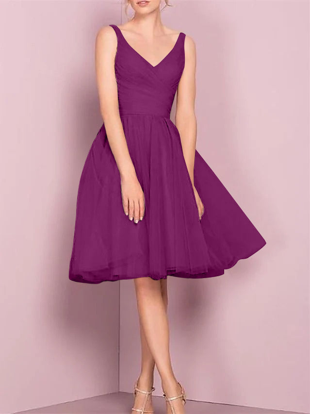 A-Line/Princess V Neck Sleeveless Tea-Length Cocktail Dresses with Pleats