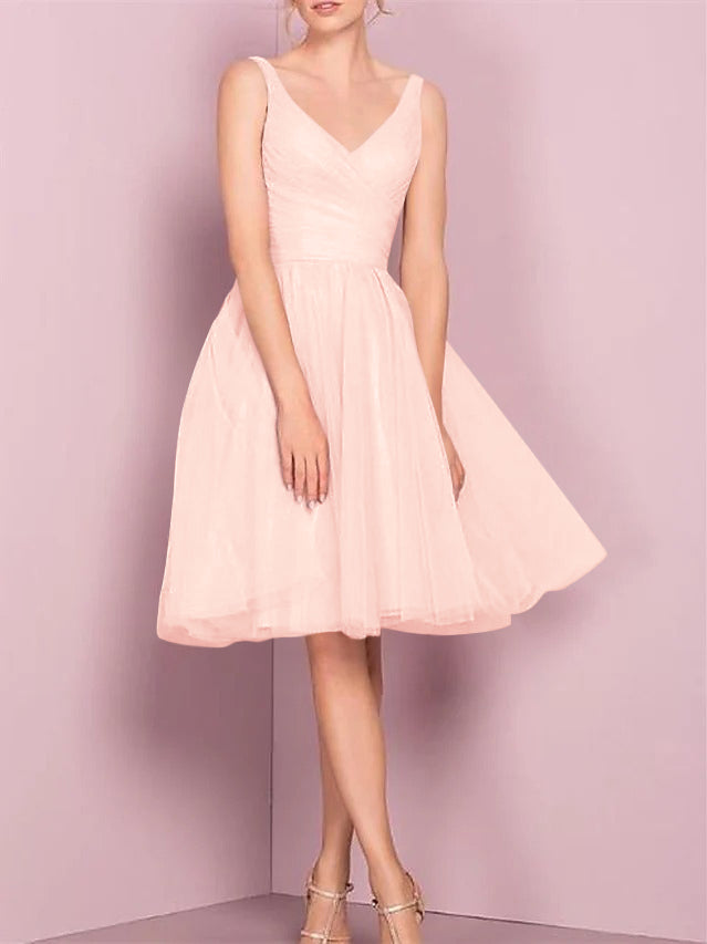 A-Line/Princess V Neck Sleeveless Tea-Length Cocktail Dresses with Pleats