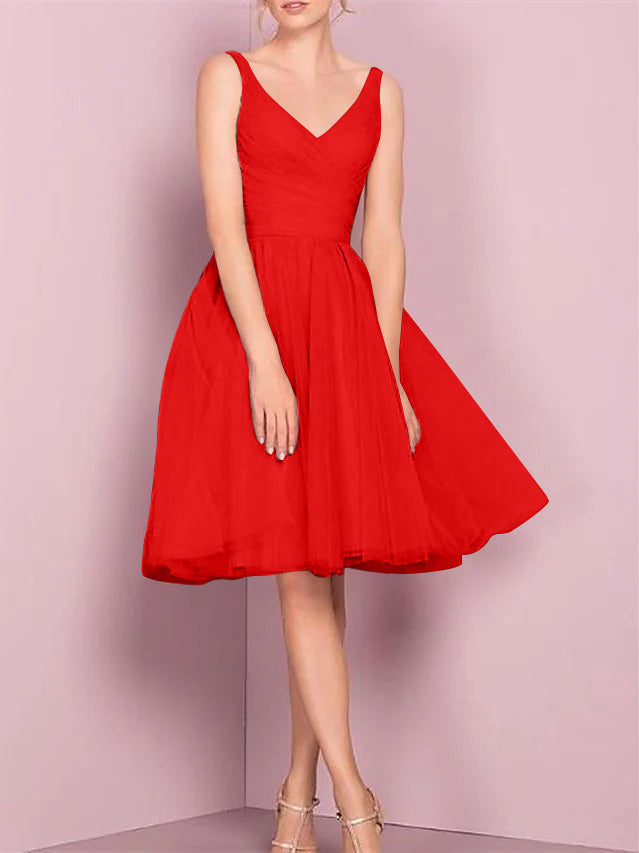 A-Line/Princess V Neck Sleeveless Tea-Length Cocktail Dresses with Pleats