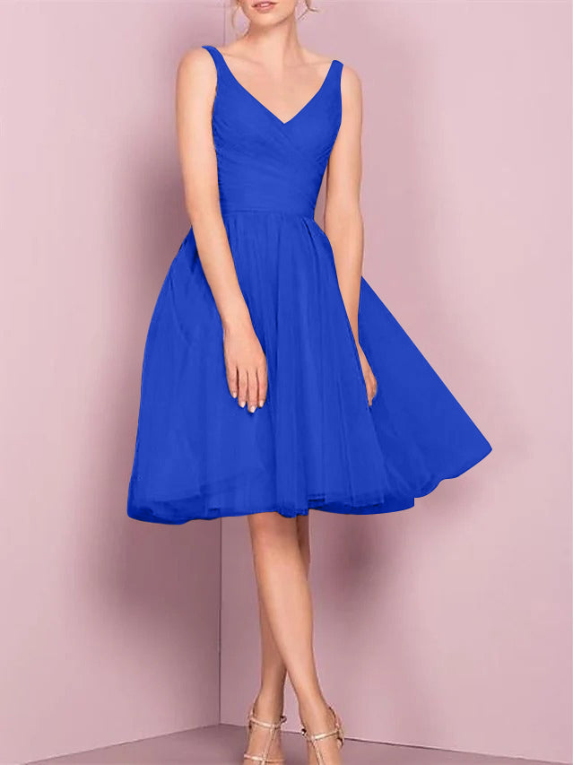 A-Line/Princess V Neck Sleeveless Tea-Length Cocktail Dresses with Pleats