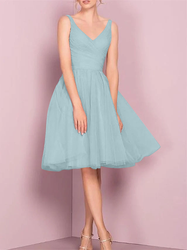 A-Line/Princess V Neck Sleeveless Tea-Length Cocktail Dresses with Pleats