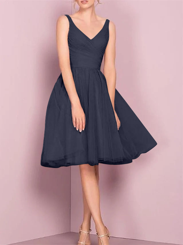A-Line/Princess V Neck Sleeveless Tea-Length Cocktail Dresses with Pleats