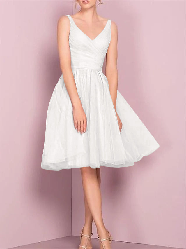 A-Line/Princess V Neck Sleeveless Tea-Length Cocktail Dresses with Pleats