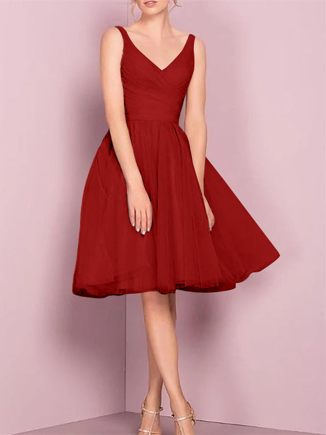 A-Line/Princess V Neck Sleeveless Tea-Length Cocktail Dresses with Pleats