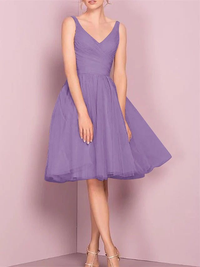 A-Line/Princess V Neck Sleeveless Tea-Length Cocktail Dresses with Pleats