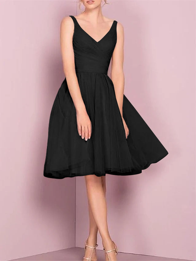 A-Line/Princess V Neck Sleeveless Tea-Length Cocktail Dresses with Pleats