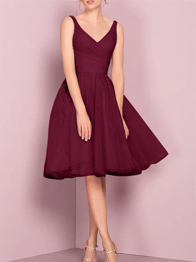 A-Line/Princess V Neck Sleeveless Tea-Length Cocktail Dresses with Pleats