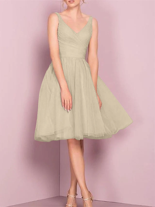 A-Line/Princess V Neck Sleeveless Tea-Length Cocktail Dresses with Pleats