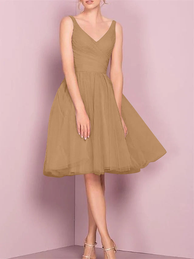 A-Line/Princess V Neck Sleeveless Tea-Length Cocktail Dresses with Pleats