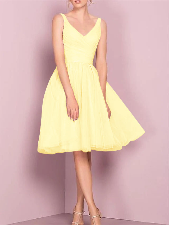 A-Line/Princess V Neck Sleeveless Tea-Length Cocktail Dresses with Pleats