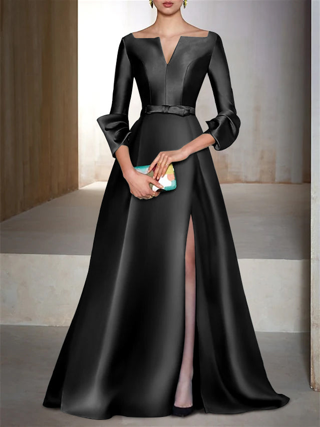 A-Line/Princess Floor-Length Long Sleeves V-Neck Evening Dresses - Mondressy A-Line/Princess Floor-Length Long Sleeves V-Neck Evening Dresses - Mondressy