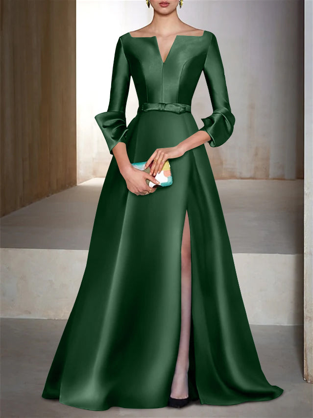 Emerald Satin Evening Maxi Gown 2026 Elegant Womens V Neck Formal Dress with Puff Sleeves Bow Waist and Front Slit for Wedding Guest, As Pic Emerald Satin Evening Maxi Gown 2026 Elegant Womens V Neck Formal Dress with Puff Sleeves Bow Waist and Front Slit for Wedding Guest, As Pic