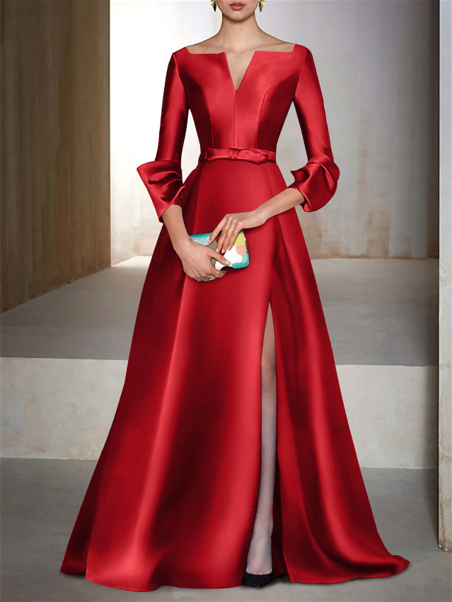A-Line/Princess Floor-Length Long Sleeves V-Neck Evening Dresses - Mondressy A-Line/Princess Floor-Length Long Sleeves V-Neck Evening Dresses - Mondressy