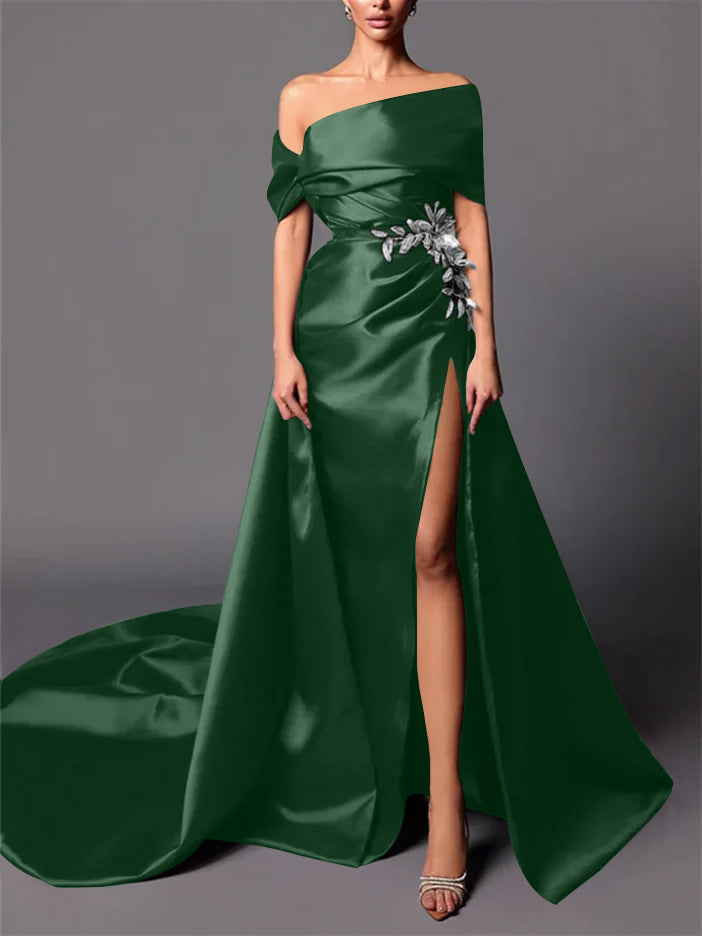 A-Line/Princess Off-the-Shoulder Sweep Train Evening Dresses - Mondressy A-Line/Princess Off-the-Shoulder Sweep Train Evening Dresses - Mondressy