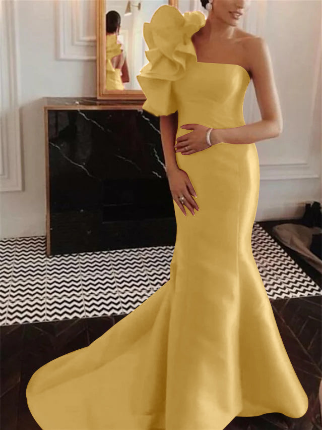 Mermaid/Trumpet Sleeveless Strapless Court Train Evening Dresses with Ruffles Gold Mermaid/Trumpet Sleeveless Strapless Court Train Evening Dresses with Ruffles Gold