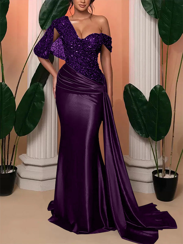 Trumpet/Mermaid One Shoulder Evening Dresses Sleeveless Floor-Length Wedding Guest Dresses With Sequined Grape Trumpet/Mermaid One Shoulder Evening Dresses Sleeveless Floor-Length Wedding Guest Dresses With Sequined Grape