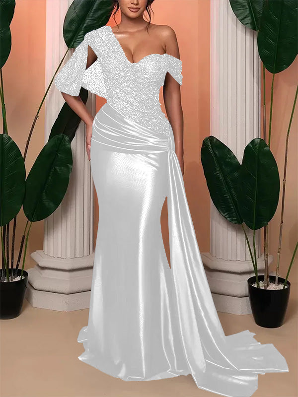 Trumpet/Mermaid One Shoulder Evening Dresses Sleeveless Floor-Length Wedding Guest Dresses With Sequined
