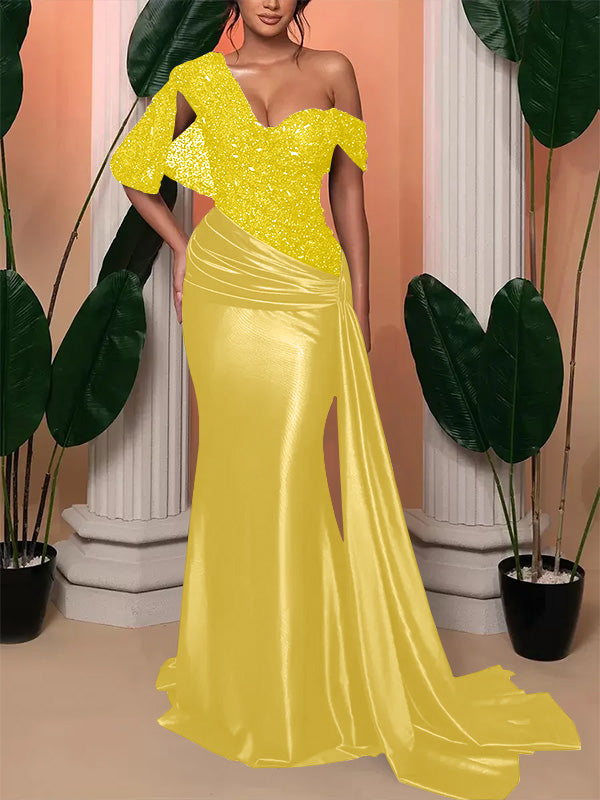 Trumpet/Mermaid One Shoulder Evening Dresses Sleeveless Floor-Length Wedding Guest Dresses With Sequined