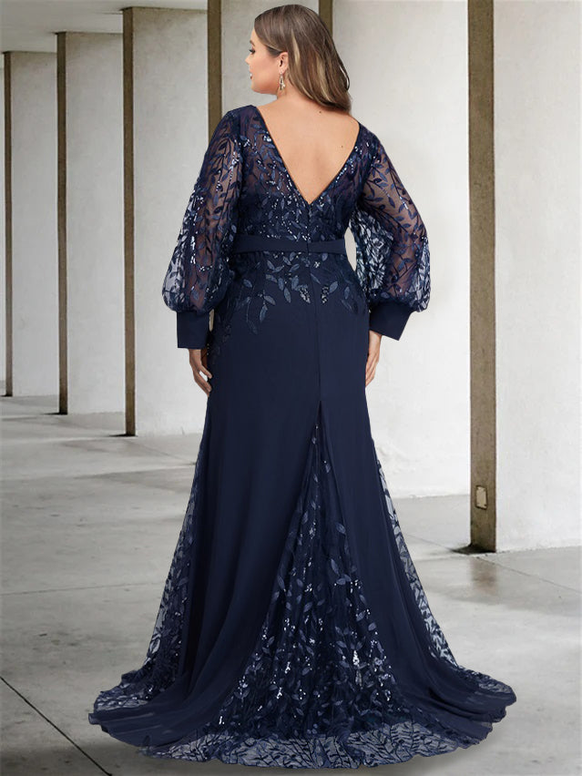 (取寄) ヴィンスカムート レディース エンブロイダー スリーブ ガウン Vince Camuto women Embroidered Sleeves Gown Navy Mermaid/Trumpet Scoop Neck Long Sleeves Floor-Length Mother of the
