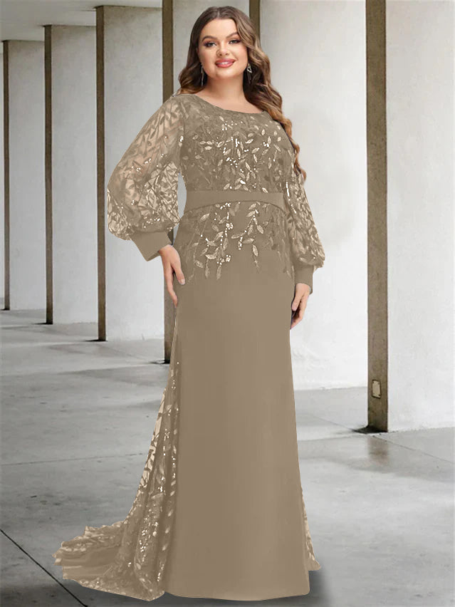 Mermaid/Trumpet Scoop Neck Long Sleeves Floor-Length Plus Size Mother of the Bride Dresses with Sequins