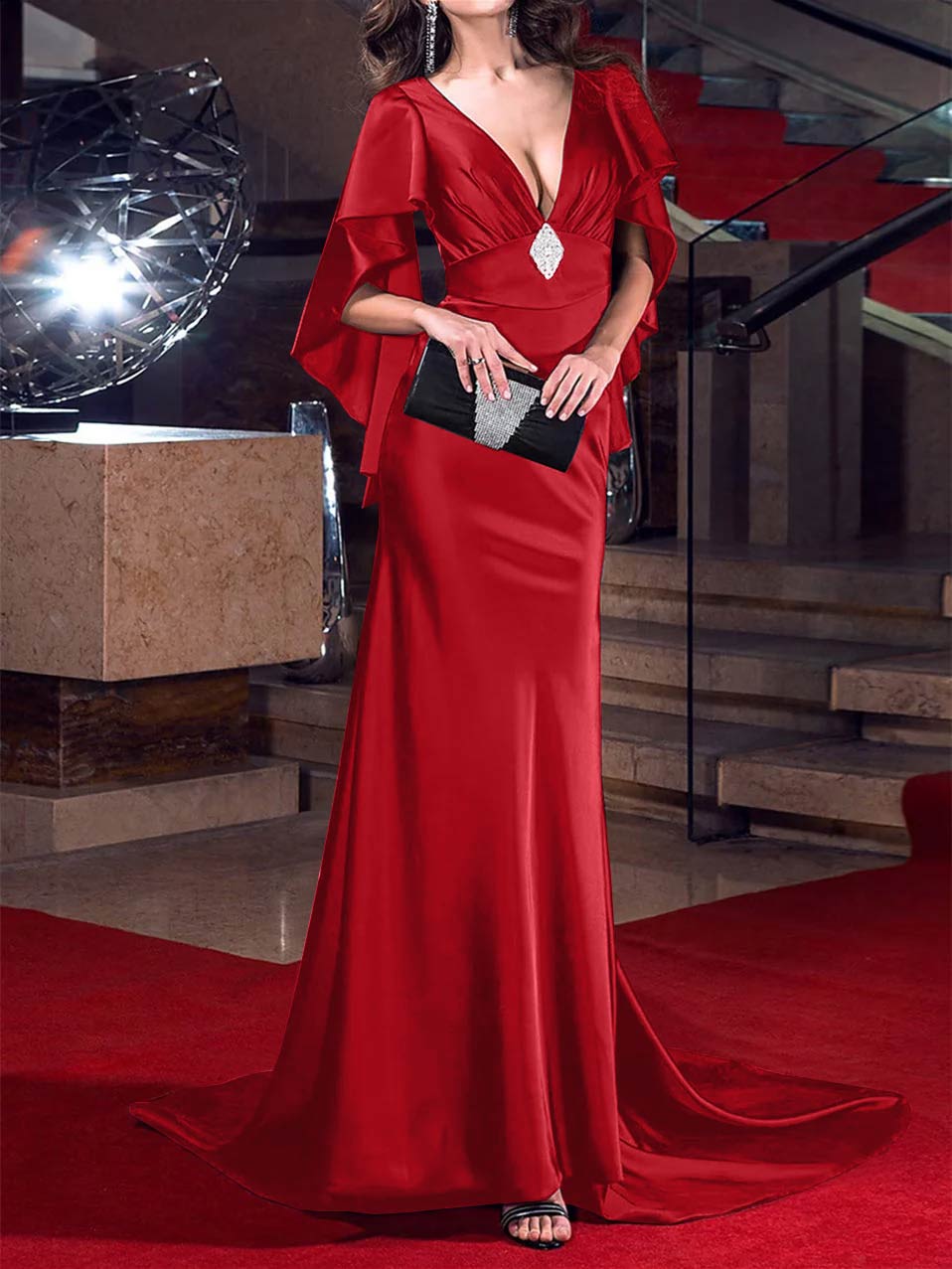 Mermaid/Trumpet Plunging Neck Sweep/Brush Train Evening Dresses with Crystals Red Mermaid/Trumpet Plunging Neck Sweep/Brush Train Evening Dresses with Crystals Red