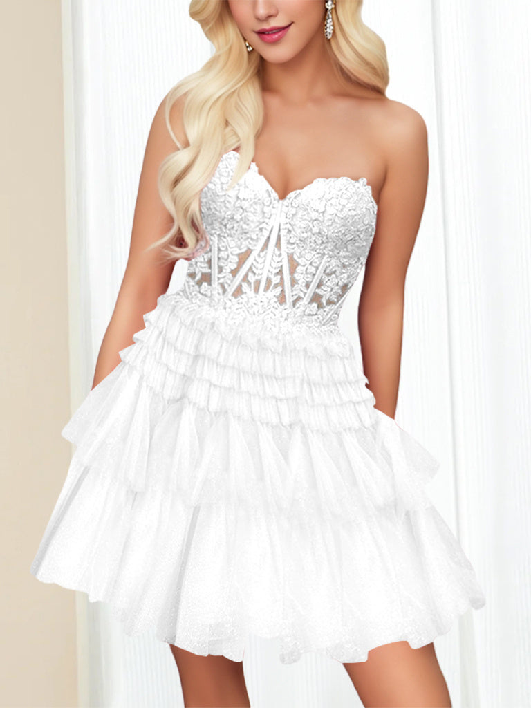 A-Line/Princess Sweetheart Sleeveless Short/Mini Party Dance Cocktail Homecoming Dress With Lace Appliques & Sequins, Ruffles