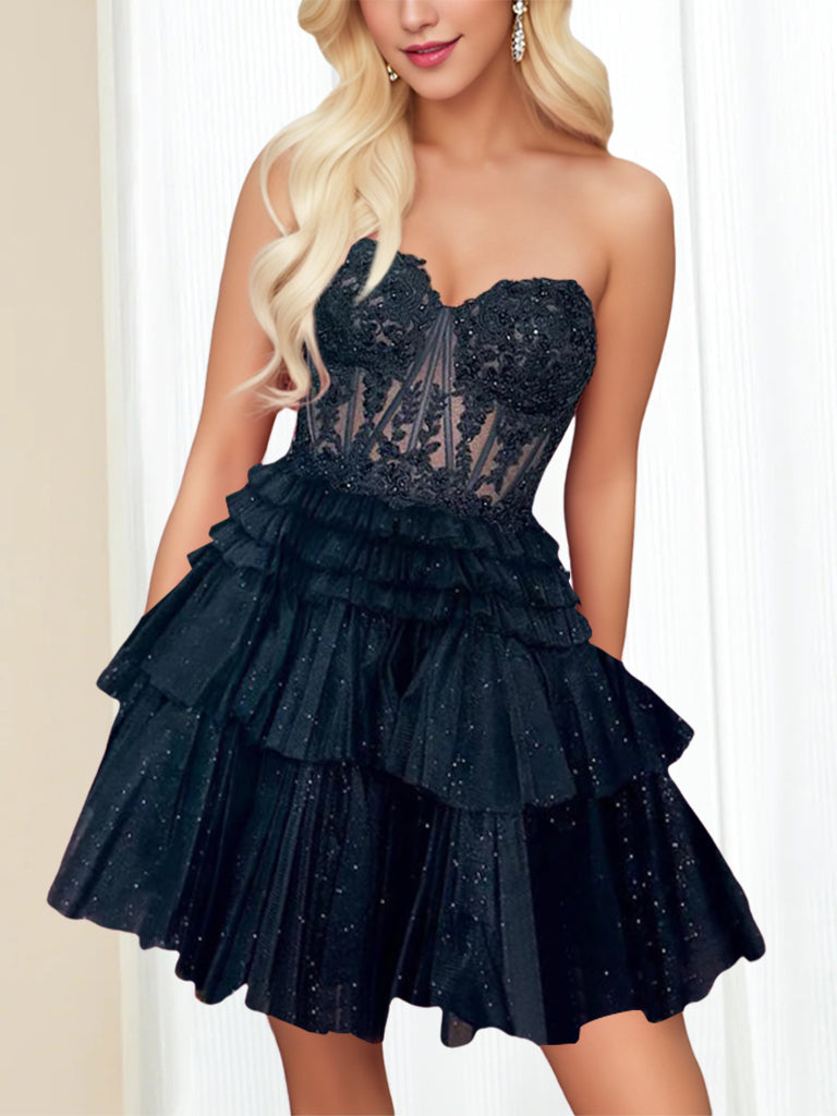 A-Line/Princess Sweetheart Sleeveless Short/Mini Party Dance Cocktail Homecoming Dress With Lace Appliques & Sequins, Ruffles