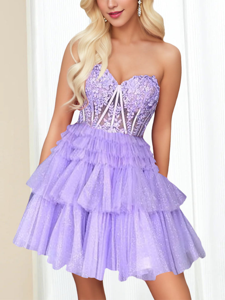 A-Line/Princess Sweetheart Sleeveless Short/Mini Party Dance Cocktail Homecoming Dress With Lace Appliques & Sequins, Ruffles