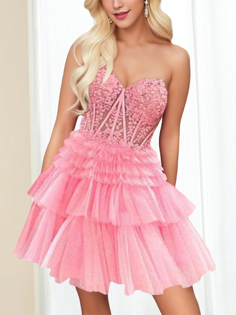 A-Line/Princess Sweetheart Sleeveless Short/Mini Party Dance Cocktail Homecoming Dress With Lace Appliques & Sequins, Ruffles