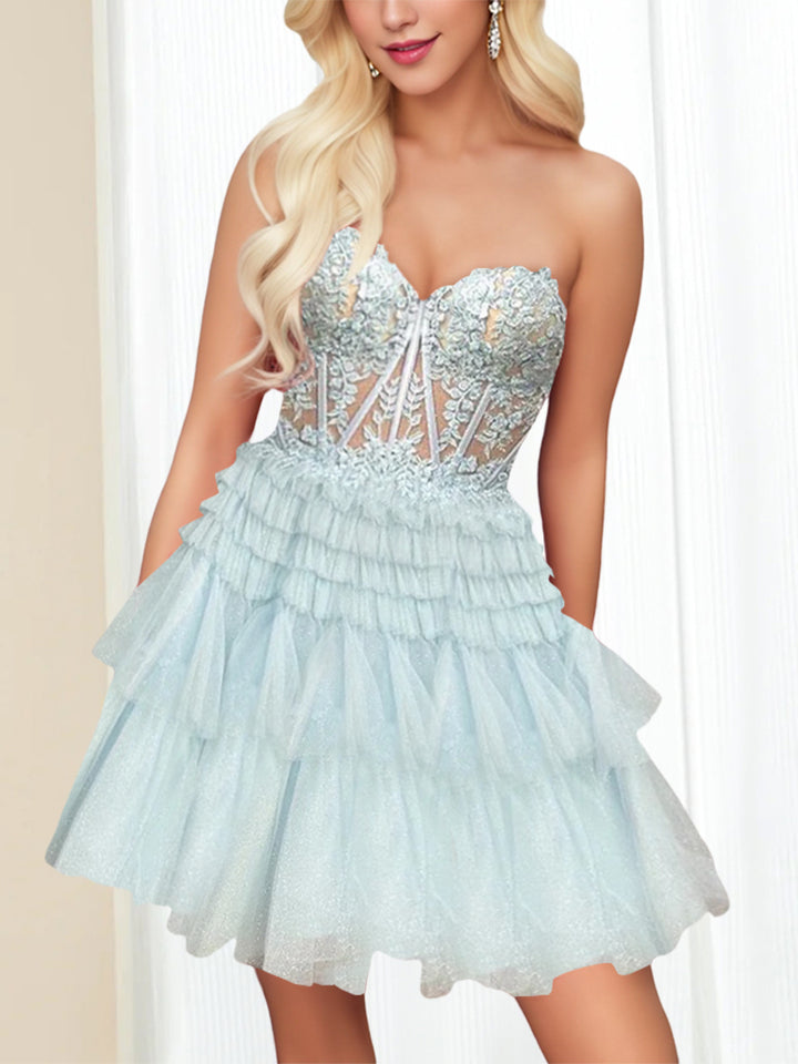 A-Line/Princess Sweetheart Sleeveless Short/Mini Party Dance Cocktail Homecoming Dress With Lace Appliques & Sequins, Ruffles