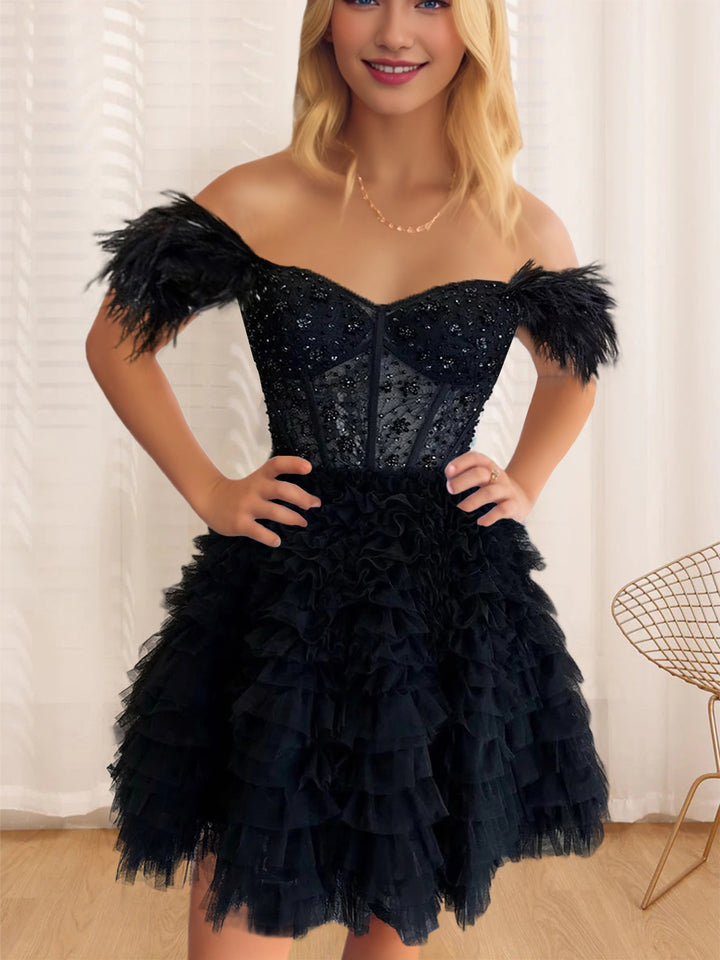 A-Line/Princess Semi-Sweetheart Sleeveless Short/Mini Party Dance Cocktail Homecoming Dress With Ruffles & Feathers