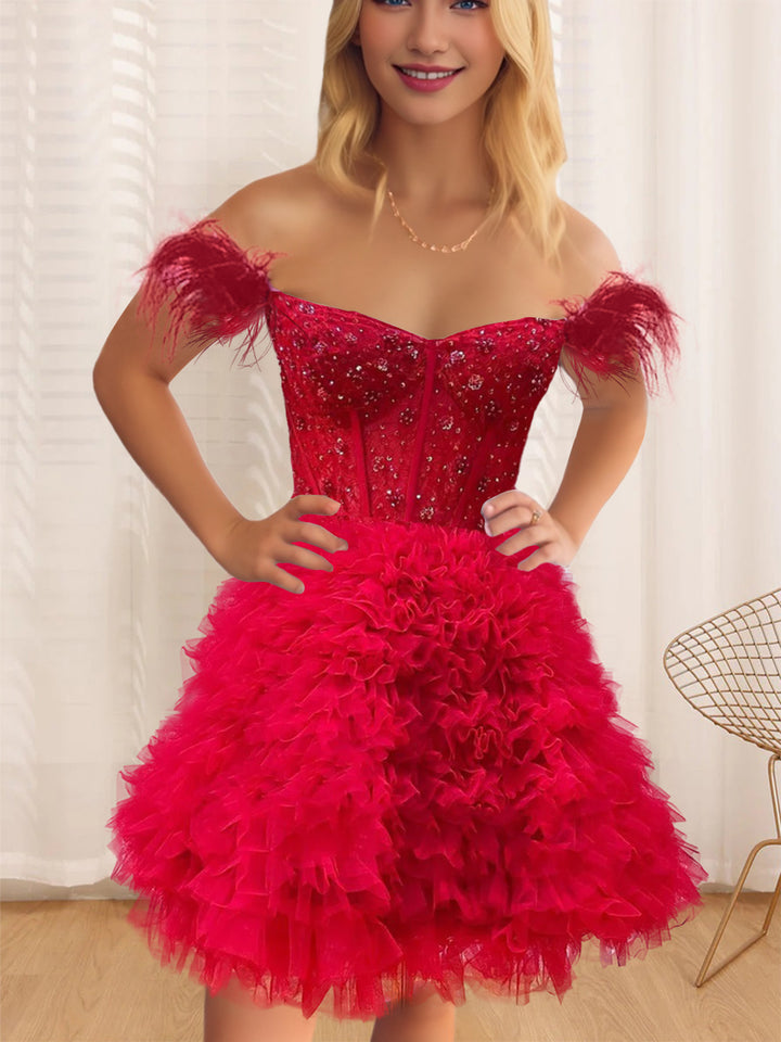 A-Line/Princess Semi-Sweetheart Sleeveless Short/Mini Party Dance Cocktail Homecoming Dress With Ruffles & Feathers