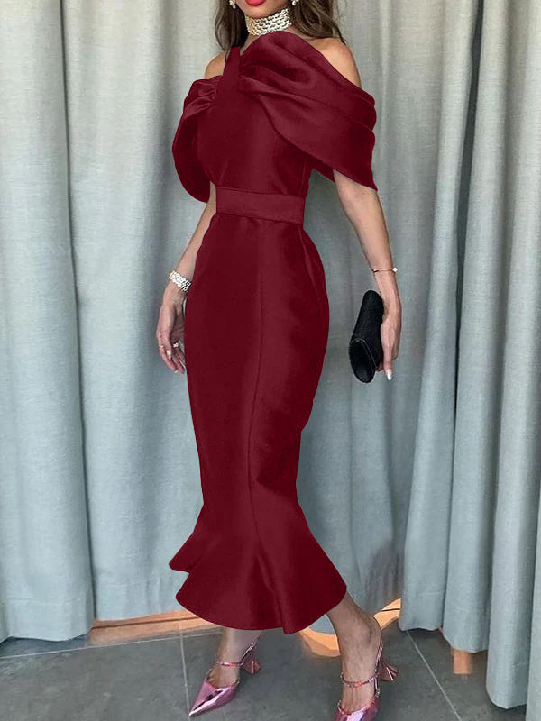 Off-the-Shoulder Formal Cocktail Dresses Mermaid/Trumpet Sleeves Party Dress Satin Ankle-Length With Ruffles Red