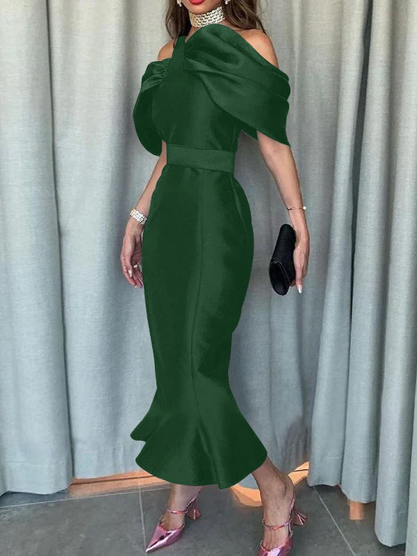 Off-the-Shoulder Formal Cocktail Dresses Mermaid/Trumpet Sleeves Party Dress Satin Ankle-Length With Ruffles Green Black