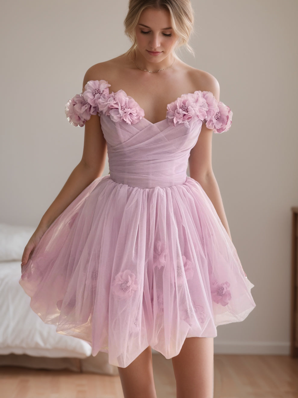 A-Line/Princess Sweetheart Off-the-shoulder Straps Sleeves Short/Mini Party Dance Cocktail Homecoming Dress With Handmade Flowers & Pleats