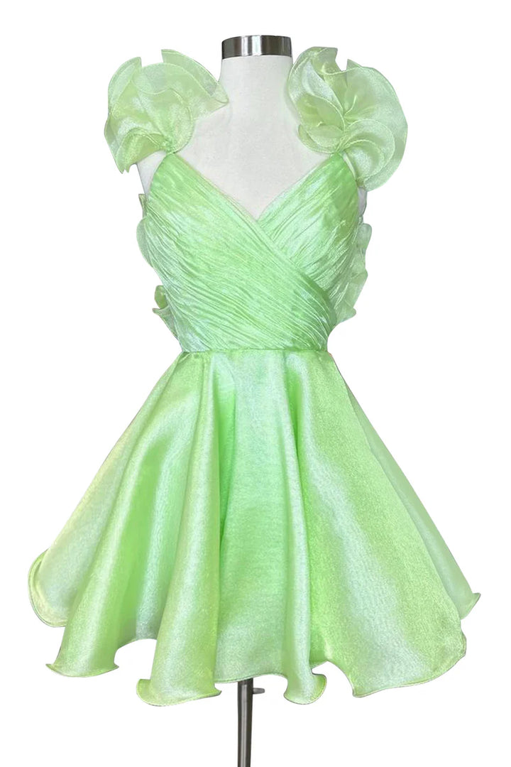 A-Line/Princess V-neck Sleeveless Short/Mini Party Dance Cocktail Homecoming Dress with Ruffled Edges & Pleats