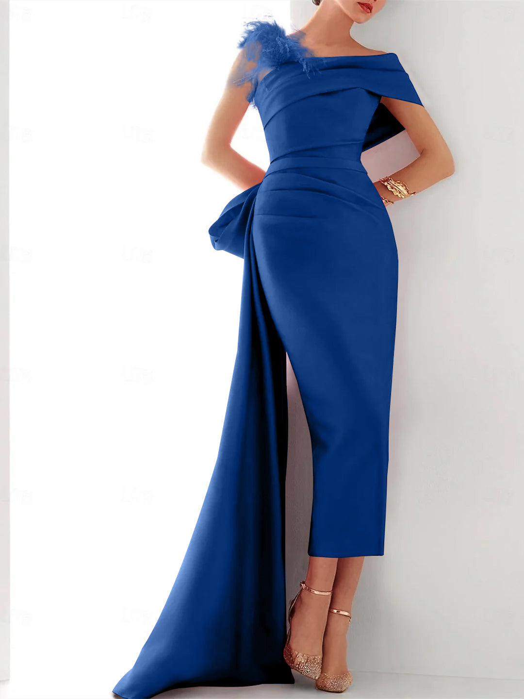 Sheath/Column  One Shoulder Sleeveless Sweep/Brush Train Evening Gown Elegant Dress Formal Satin with Feather Bow(s)