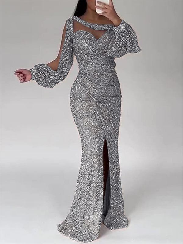 Mermaid Scoop Neck Long Sleeve Floor Length Evening Dresses with Ruched Slit