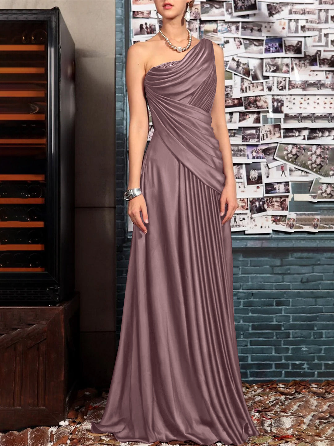 Sheath One Shoulder Sleeveless Floor Length Mother of the Bride Dresses with Pleats Crystals  Draping