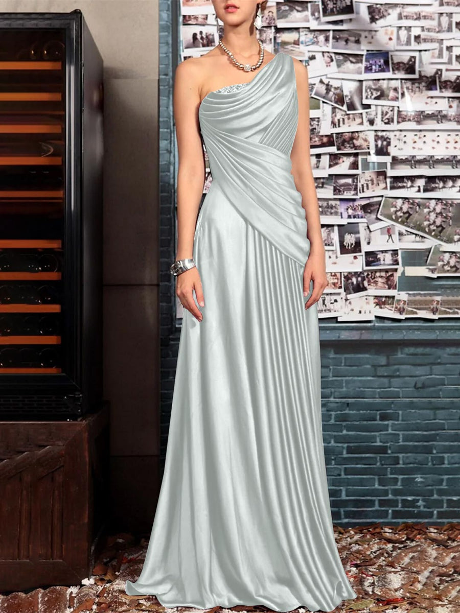 Sheath One Shoulder Sleeveless Floor Length Mother of the Bride Dresses with Pleats Crystals  Draping