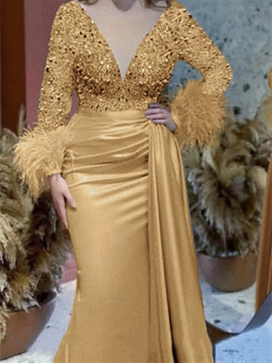 Mermaid/Trumpet V Neck Long Sleeve Court Train Mother of the Bride Dre - Mondressy Mermaid/Trumpet V Neck Long Sleeve Court Train Mother of the Bride Dre - Mondressy