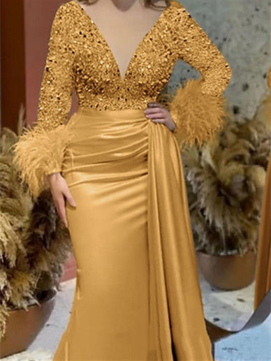 Mermaid/Trumpet V Neck Long Sleeve Court Train Mother of the Bride Dresses Satin with Feather Glitter Ruched Vibrant Yellow Mermaid/Trumpet V Neck Long Sleeve Court Train Mother of the Bride Dresses Satin with Feather Glitter Ruched Vibrant Yellow